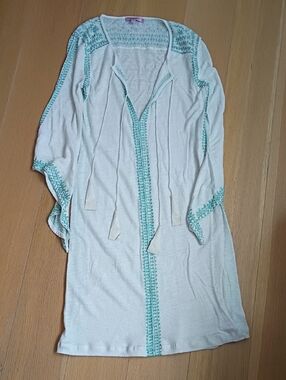 CALYPSO St. Barth Women’s White Swim Cover-Up with Teal Trim (Sz. 0) 100% Linen